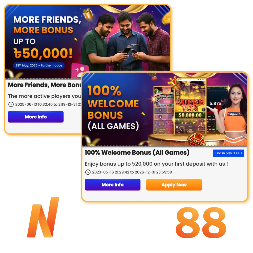 Nagad88 থেকে সেরা ক্যাসিনো এবং স্পোর্টস বোনাস পান।